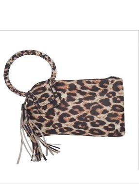 NGIL Leopard Print Faux Leather Bangle Clutch With Tassel Zipper Large Wristlet